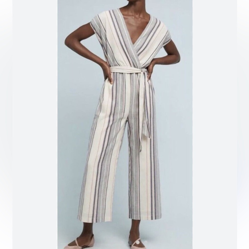 Anthropologies Dolan Lightweight Linen Blend Striped Jumpsuit.  Size S MSRP $158